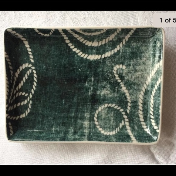 Vintage J Crew Ceramic Catch All Tray White Rope & Green - Picture 1 of 5